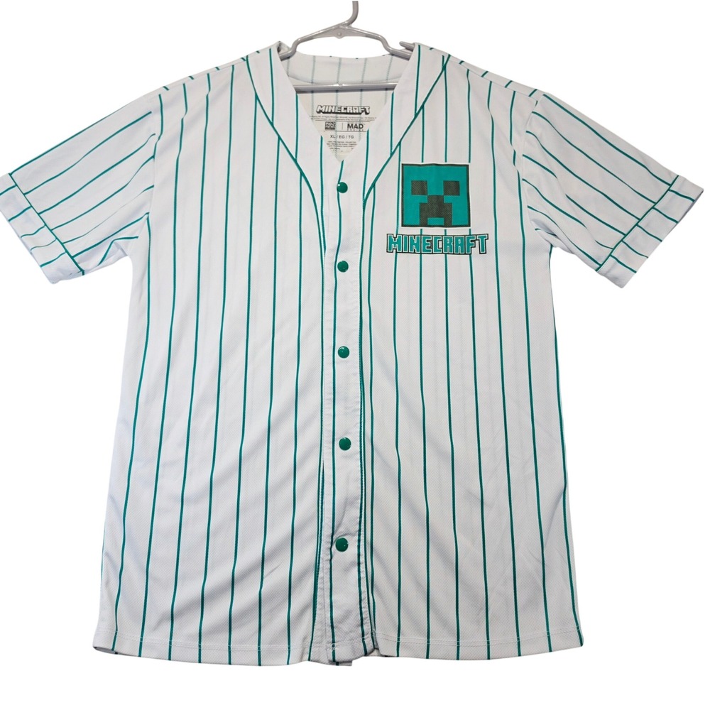 Minecraft Creeper Baseball Jersey Kids XL White Teal Pinstripe Mad Engine Shirt